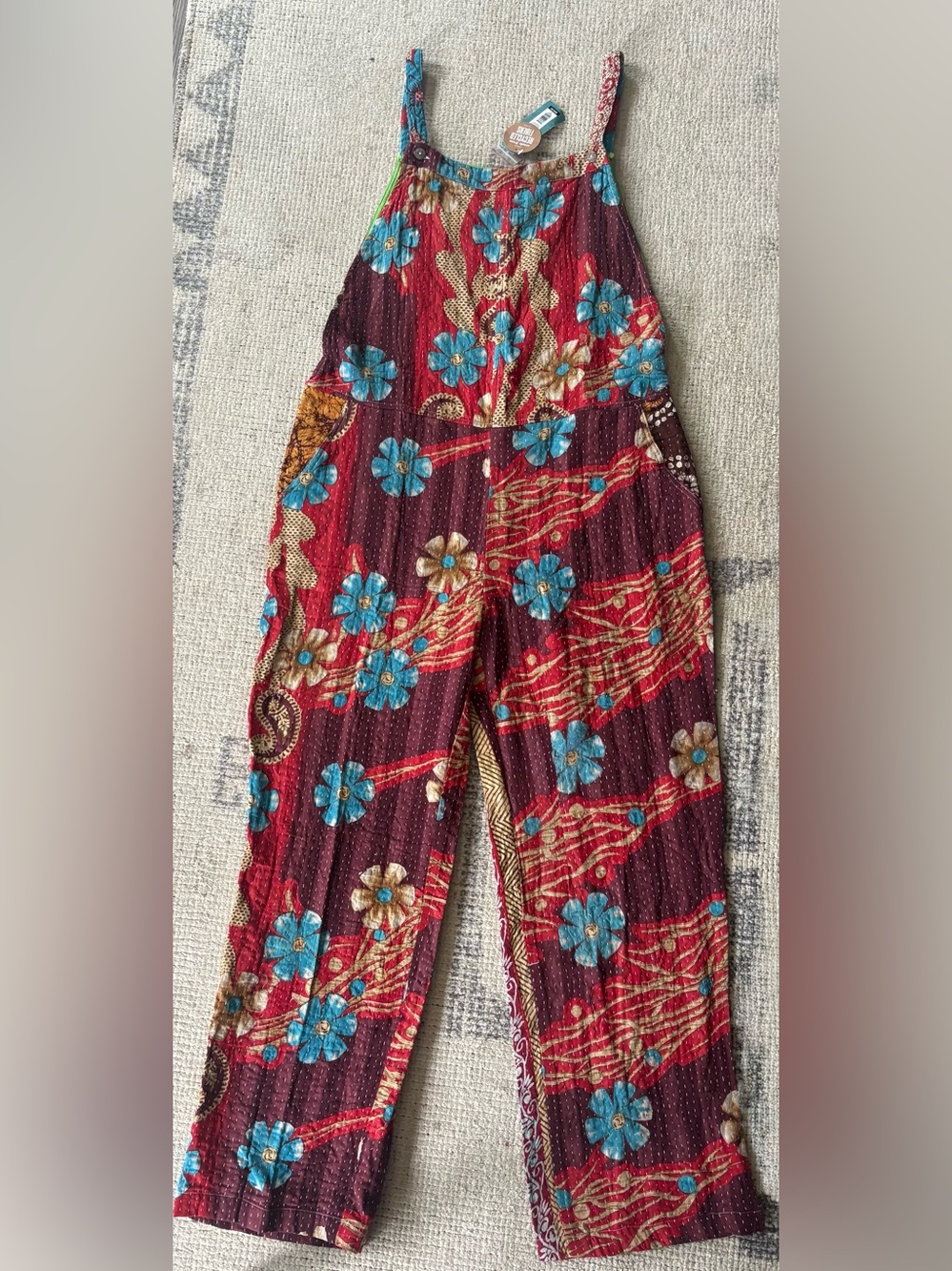 Boho Floral Wide-Leg Overalls in Burgundy and Teal